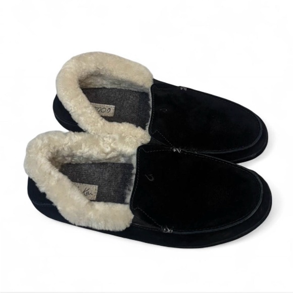OluKai Women's Ku'una Black Nubuck Leather Slippers with Soft Shearling Size 9 - Picture 5 of 6